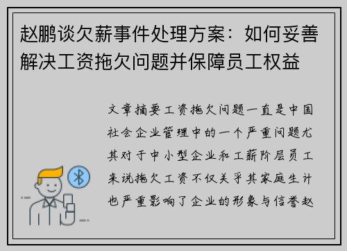 赵鹏谈欠薪事件处理方案:如何妥善解决工资拖欠问题并保障员工权益 赵鹏谈欠薪事件处理方案:如何妥善解决工资拖欠问题并保障员工权益