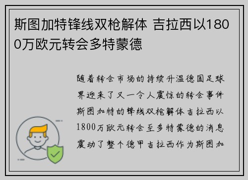 斯图加特锋线双枪解体 吉拉西以1800万欧元转会多特蒙德