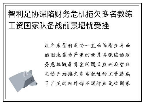 智利足协深陷财务危机拖欠多名教练工资国家队备战前景堪忧受挫